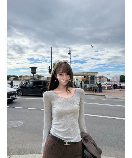 사람들 면 작은 예쁜 허리 주머니 tee 마이크로 볼륨 측면 u 칼라 몸매 가꾸기 라이 경기 서울 주간 실크 티셔츠 여성 가을