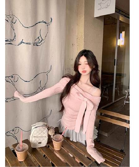 뮤 S 양모 오프숄더 핑크색 나비 매듭 인사이드 가져 가라. 기본 셔츠 새로운 고유 한 아름다운 오프숄더 달콤한 자매 맨위