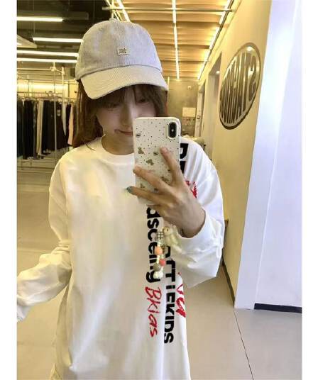 순면 220 그램 빗질하다 닫기 면 100% 이후 패키지 칼라 라운드 넥 긴팔 티셔츠 여성 프린트 맨위