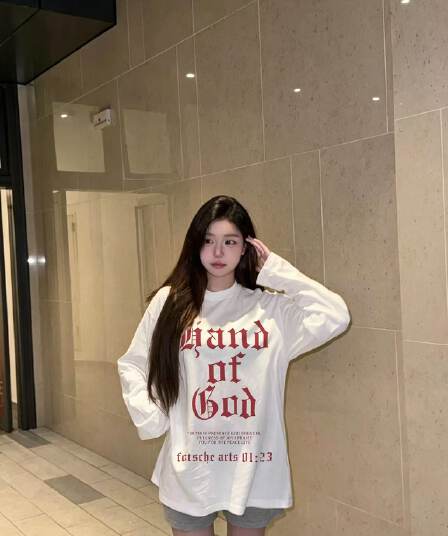 210 그램 순면 플러그 루오 모방 당겨서 어깨 테두리 라운드 넥 긴팔 티셔츠 여성 프린트 맨위