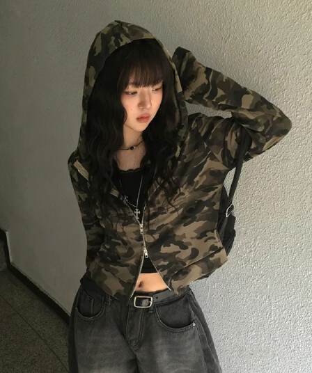 한 부서 레트로 달콤한 차가운 핫걸 카모플라주 더블 지퍼 후드 몸매 가꾸기 긴팔 오픈 가디건 맨위 재킷