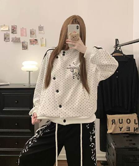 순수한 Mianhua 면 얇은 스타일 한 부서 바람 새로운 비스듬한 버클 다용도 루즈핏 도트 무늬 스트라이프 후드티 여성 코트 가을