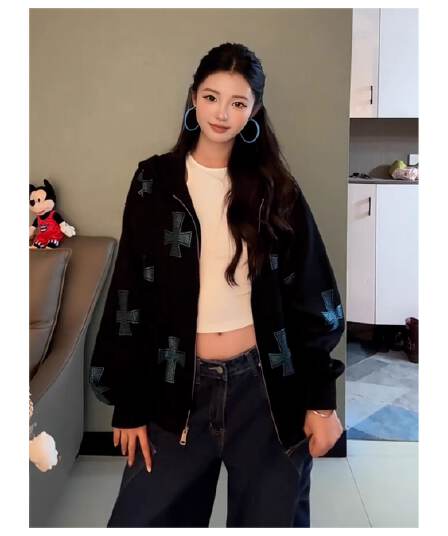 순수한 Mianhua 면 핫픽스 아메리칸 가을 겨울 맨위 십자가 후드 오픈 가디건 루즈핏 조수 브랜드 후드티 여성 코트