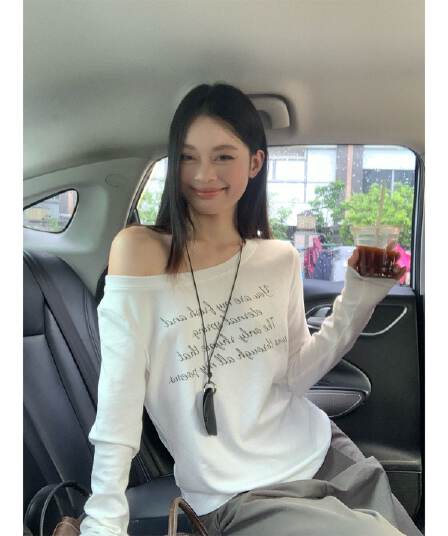 220 그램 92 면 8 암모니아 Lun 비스듬한 칼라 오프숄더 티셔츠 여성 긴 소매 기본 셔츠 여성