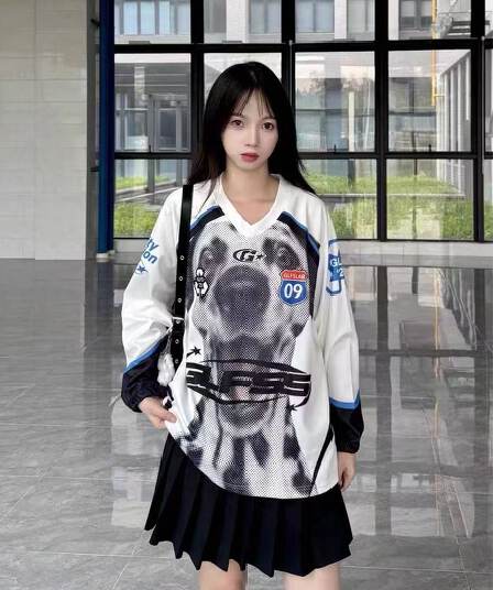 원본 솜씨 원본 저지 원단 아메리칸 높음 거리 V넥 프린트 루즈핏 운동 긴팔 티셔츠 남녀 커플 가을