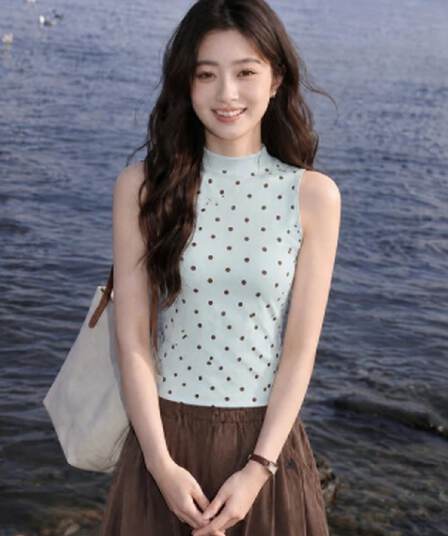 1 1 차가운 실크 코튼 210 그램 반하이넥 도트 무늬 캐미솔 슬림해 보이는 몸매 가꾸기 달콤한 스타일 얇은 스타일 외출용 맨위