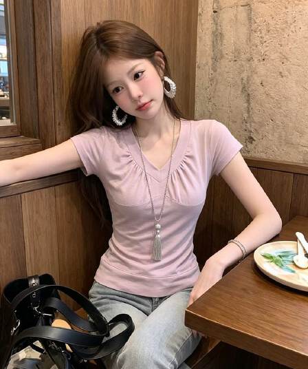 경관 그림 순면 비행기 곡물 한 부서 소녀 핑크색 V넥 주름 반팔 티셔츠 여성 여름 새로운