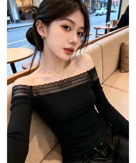 핫걸 바람 레이스 조각 긴팔 티셔츠 여성 2026 새로운 디자인 센스 순수한 욕망 오프숄더 맨위