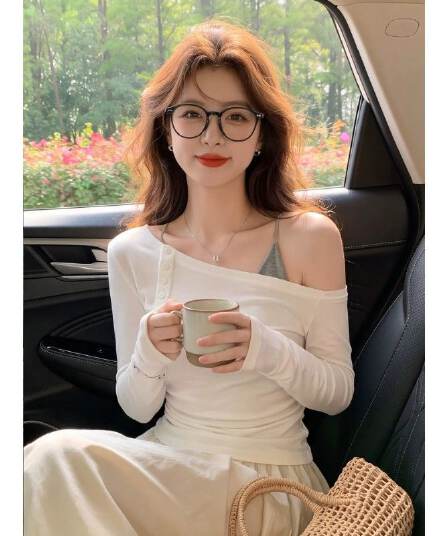 순수한 욕망 비스듬한 어깨 자외선 차단 블라우스 여성 가을 단추 주름 허리 수축 마이크로 ~을 통해 얇은 스타일 맨위
