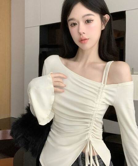 사람들 면 원단 순수한 욕망 바람 품격 패션 오프숄더 펌프 로프 긴팔 티셔츠 여성 몸매 가꾸기 슬림해 보이는 긴팔 맨위