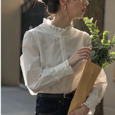 批发白色衬衫长袖秋季新款大码宽松外穿木耳边上衣别致法式衬衣