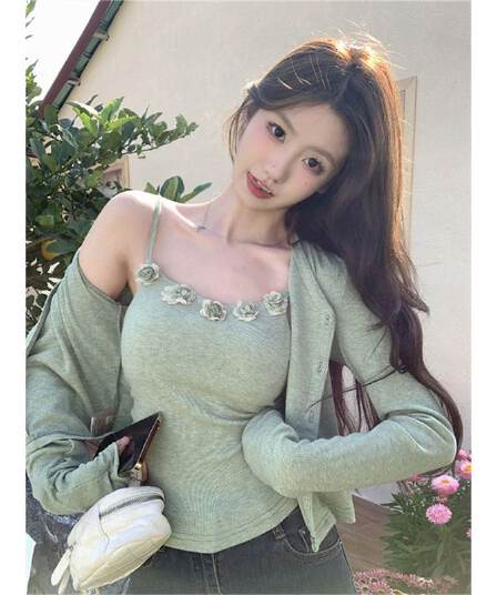 원본 솜씨 부드러운 바람 세트 여성 봄과 가을 작은 청신 오픈 가디건 3 차원 꽃 캐미솔 투피스 세트