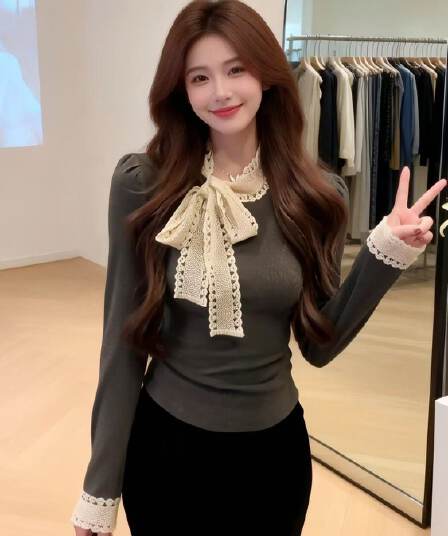 1 1 인 면 260 그램 프랑스식 고급 레이스 레이스업 나비 매듭 칼라 몸매 가꾸기 긴팔 인사이드 가져 가라. 만나는