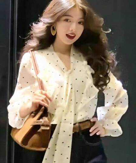 프랑스식 품격 고급 센스 프릴 도트 무늬 긴팔 셔츠 여성 가을 부드러운 바람 스트랩 Chic 셔츠 맨위