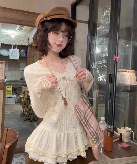 원본 자카드 부드러운 바람 레이스 V넥 치마 긴팔 맨위 여성 가을 겨울 나비 매듭 chic 인사이드 가져 가라. 기본 셔츠