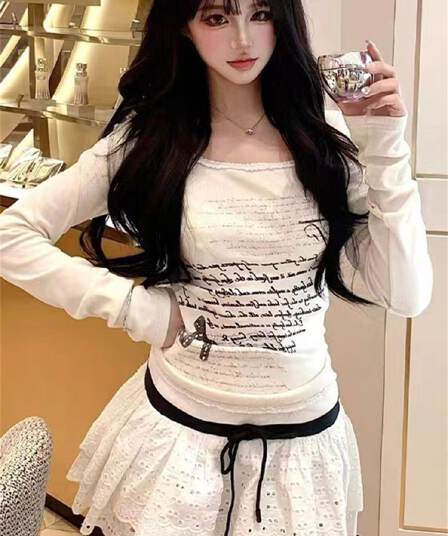 아메리칸 레트로 핫걸 알파벳 프린트 긴팔 티셔츠 몸매 가꾸기 레이스 맨위