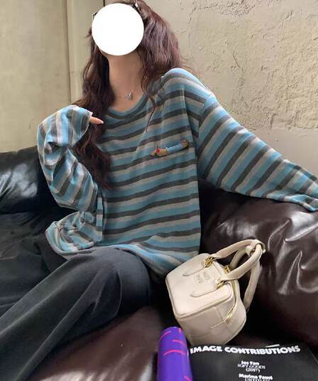 원본 원단 원본 솜씨 3 차원 강아지 스트라이프 긴팔 티셔츠 여성