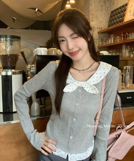 페이크 레이어드 레이스업 나비 매듭 도트 무늬 기본 셔츠 여성 가을 겨울 인사이드 가져 가라. 작은 키 몸매 가꾸기 슬림해 보이는 맨위