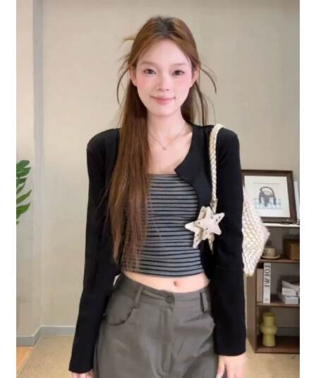 원본 품질 한 부서 스트라이프 조끼 긴팔 검정색 오픈 가디건 티셔츠 투피스 세트 맨위 여성 봄 가을