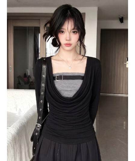 와 사고 방식 한 부서 페이크 레이어드 긴팔 티셔츠 여성 조기 가을 절묘한 품격 작은 대중 몸매 가꾸기 슬림해 보이는 맨위