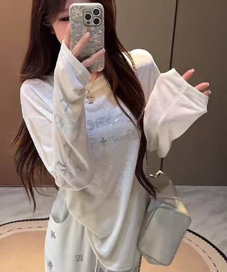 165 그램 눈꽃 면 산스크리트어 십자가 무거운 작업 핫픽스 얇은 스타일 긴팔 티셔츠 루즈핏 슬림해 보이는 디자인 센스 태양 보호 셔츠