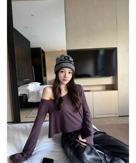 원본 사람들 면 260 그램 산소 센스 티셔츠 불규칙 오프숄더 핫걸 쇼트 스타일 도루 센스 긴팔 맨위