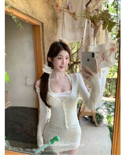 얇은 스타일 긴팔 오픈 가디건 여성 코트 가을 인사이드 가져 가라. 도트 무늬 행침 목 드레스 투피스 세트