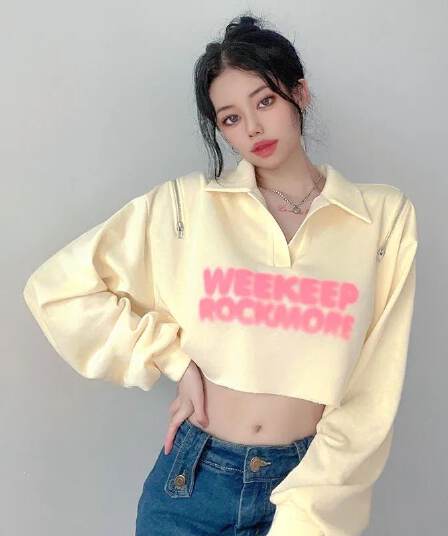 유럽과 미국 알파벳 프린트 루즈핏 후드티 여성 지퍼 오프숄더 슬림해 보이는 무용 핫걸 쇼트 스타일 맨위