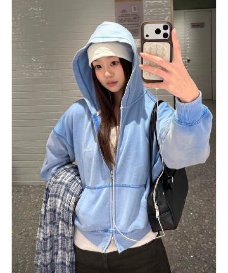 후아 면 복합 마 오래된 공예 4 개의 바늘 여섯 줄 이후 패키지 칼라 후드티 여성 파란색 카디건 코트 트렌디