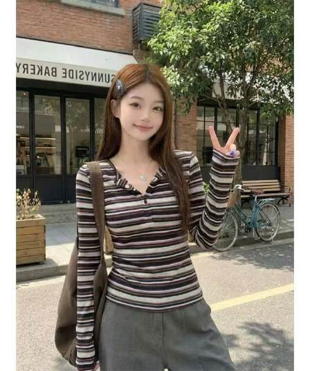 경관 그림 프랑스 양모 가을 몸매 가꾸기 다용도 한 부서 출퇴근 배색 스트라이프 단추 긍정적 인 어깨 긴팔 맨위