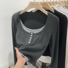 批发<b class='q'>大码</b><b class='q'>女装</b>胖mm假两件上衣打底衫秋季新款设计感小众长袖T恤女