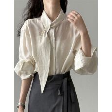批发【原版品质】 韩系围巾领<b class='q'>长袖</b>衬衫女秋季设计小众<b class='q'>长袖</b>上衣宽松