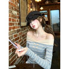 批发高级感洋气条纹长袖t恤打底衫女秋修身气质<b class='q'>一字肩</b><b class='q'>上衣</b>
