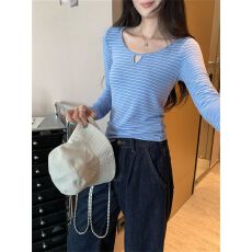 批发1*1罗纹羊绒超好看条纹圆领内搭<b class='q'>长袖</b>T恤女秋镂空设计感<b class='q'>打底衫</b>上衣