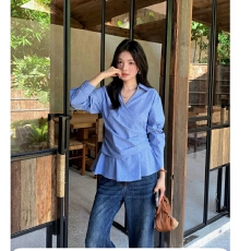 批发大码胖MM韩系侧边收腰交叉蓝色条纹衬衫女2025早<b class='q'>秋</b>新款设计感衬衣