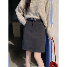 批发大码灰色氛围感中裙毛呢半身裙高腰显瘦a字裙秋<b class='q'>冬</b>美式遮肚短裙女