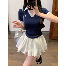 批发实拍翻领撞色正肩短袖2026夏季设计感T恤+云朵花苞蓬蓬裤<b class='q'>裙</b>套装女