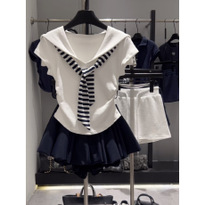 批发大码女装胖mm学院风条纹披肩短袖上衣+半身裙2026夏季显瘦两件套
