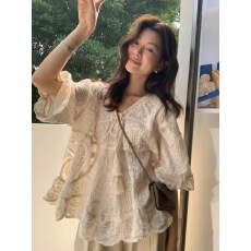 批发波西米亚风V领正肩短袖蕾丝衫女2026春夏新款<b class='q'>大码</b>胖mm度假风上衣