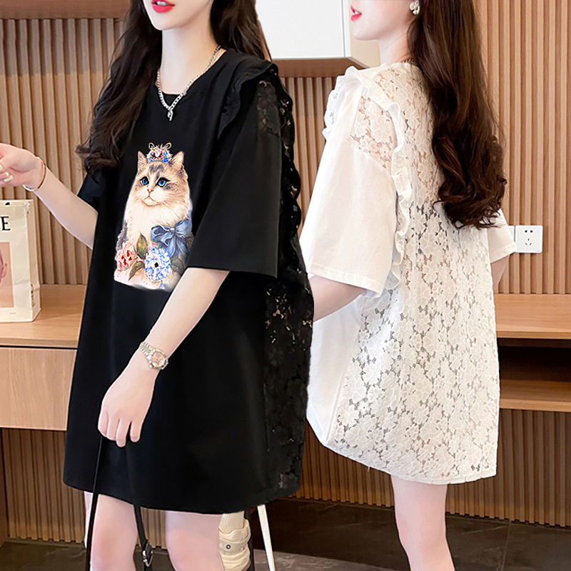 MY11269# 纯棉21支夏短袖T恤女宽松蕾丝拼接体恤上衣女裝貨源服裝批...