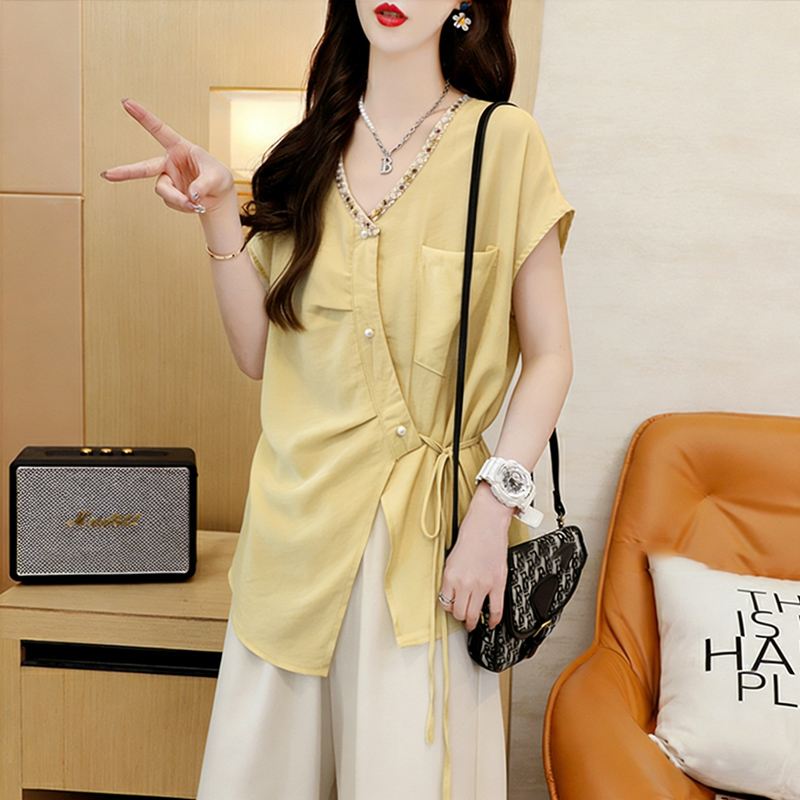 RY380# 棉季薄款宽松系带不规则短袖衬衫女衬衣