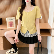 批发实拍特价92%棉 2026夏季宽松纱网拼接假两件T恤女显瘦体恤<b class='q'>上衣</b>