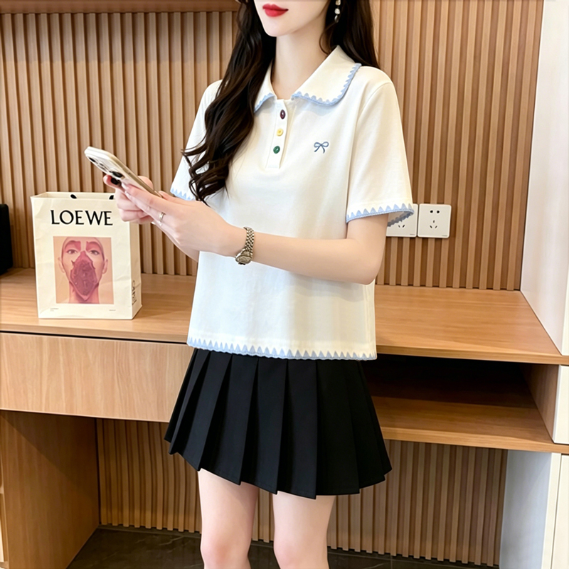 실사 40 92 면 2026 여름 POLO 칼라 쇼트 스타일 반팔 티셔츠 여성 자수 나비 매듭 동정 맨위