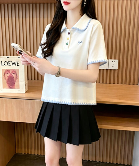 실사 40 92 면 2026 여름 POLO 칼라 쇼트 스타일 반팔 티셔츠 여성 자수 나비 매듭 동정 맨위