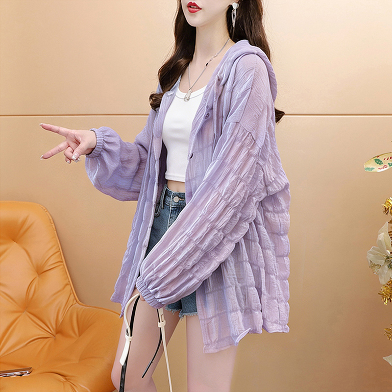 涤纶夏季薄款透气连帽防晒服女宽松休闲长袖外套上衣   服裝批發女裝批發服飾貨源