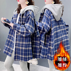 批发官图纯华棉复牛奶丝帽仔拼格子布/加绒复真超 秋冬连帽拼接<b class='q'>衬衫</b>
