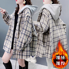 批发官图纯华棉复牛奶丝帽仔拼格子布/加绒复真超 秋冬连帽拼接<b class='q'>衬衫</b>