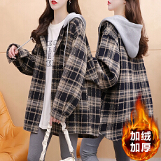批发实拍 原布格子复真超加绒后包领抖音质量连帽<b class='q'>格子衬衫</b>中长款外套
