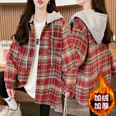 批发官图 原布格子复真超加绒后包领抖音质量连帽<b class='q'>格子衬衫</b>中长款外套