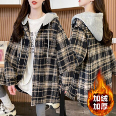 批发原布格子复真超加绒后包领抖音质量连帽<b class='q'>格子衬衫</b>中长款外套